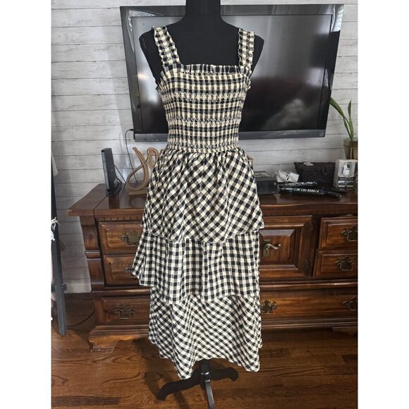 Moodie Black River Island Gingham Smock Tiered Midi Dress Women Size Small - Picture 1 of 7